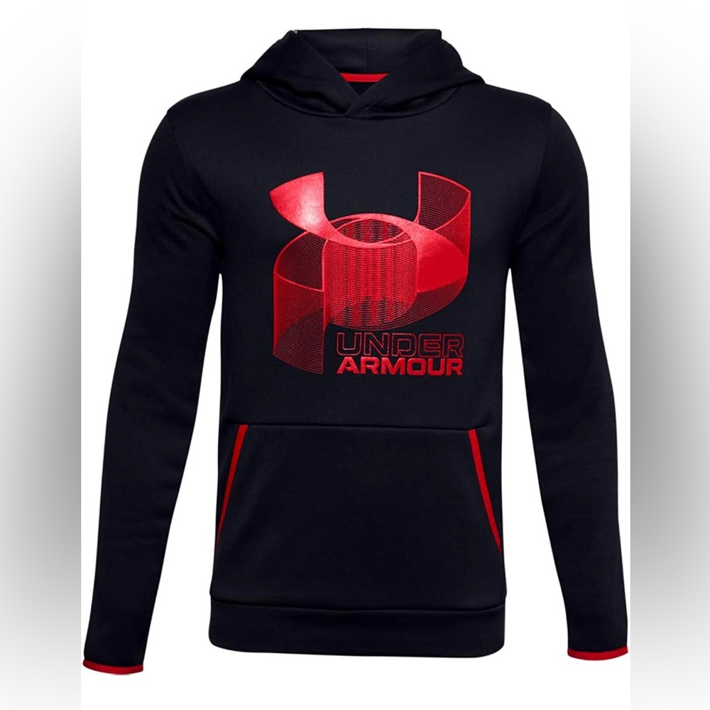 Under Armour Pullover Logo Fleece Hoodie Sweatshirt Black/Red Boys Size XS